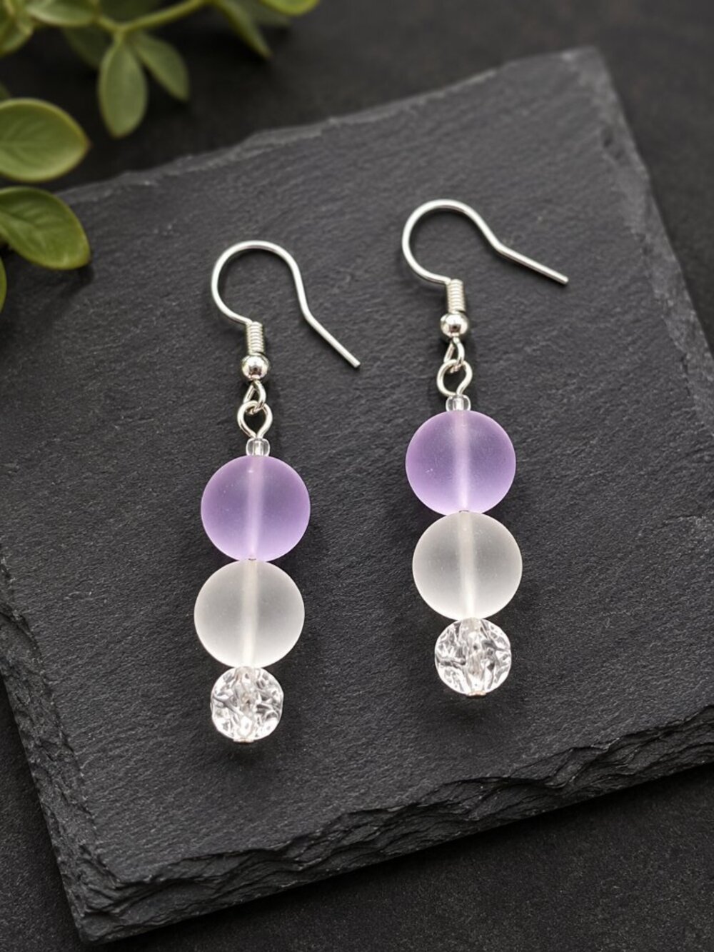 Sea Glass Drop Earrings Purple and White | Handmade - Picture 5 of 5